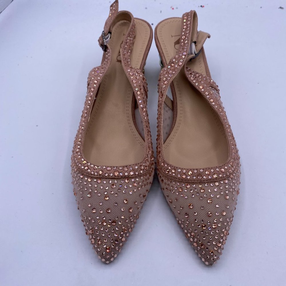 A NUYG nude pointy toe slingback rhinestone crystal chunky